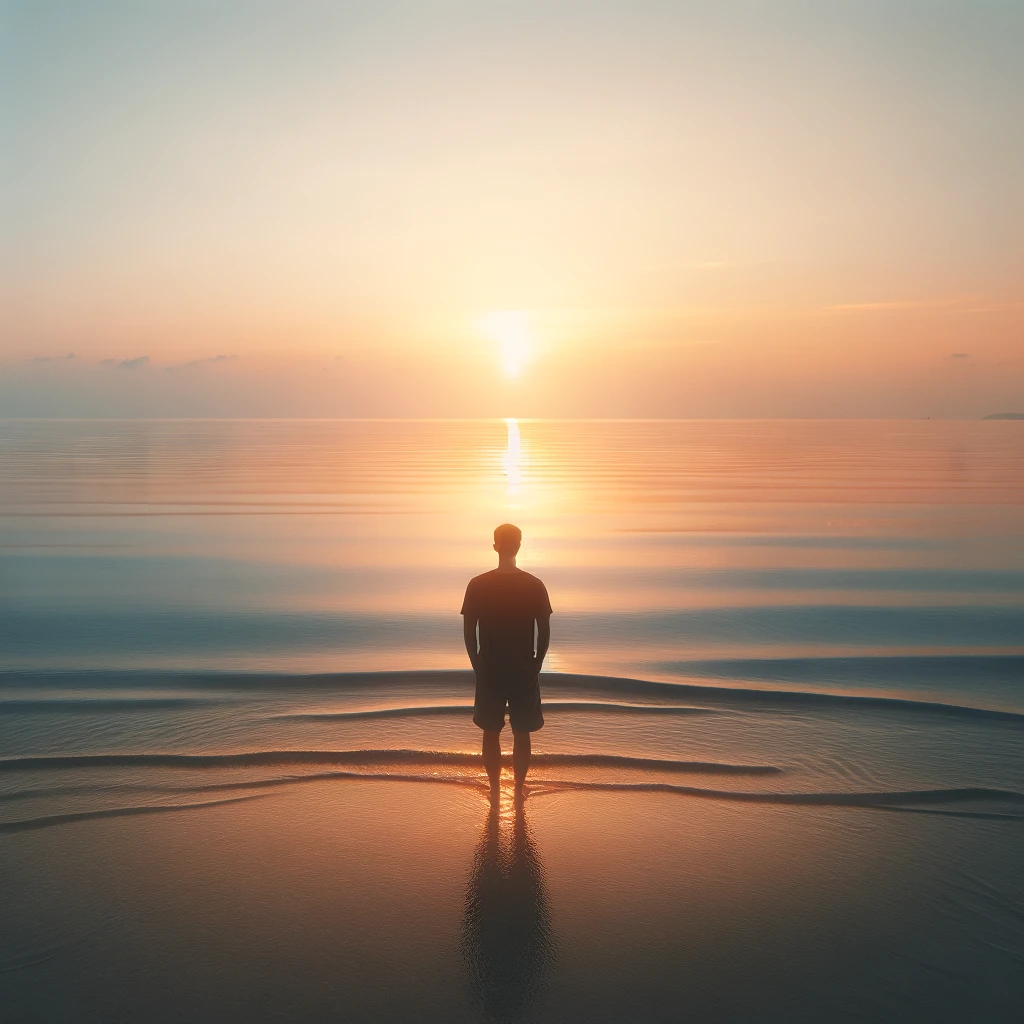 Troubles Musculosquelettiques : Scène paisible représentant un personnage debout au bord de la mer, regardant vers l'horizon